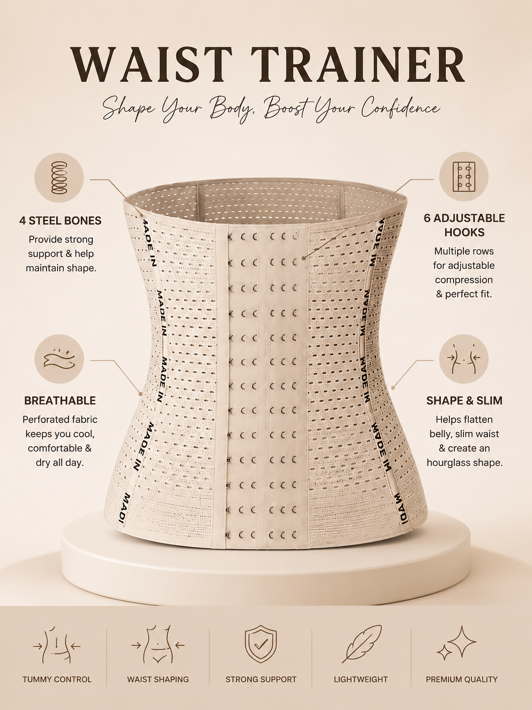 Premium Waist Trainer with 6 Adjustable Hooks | Ziva Threads