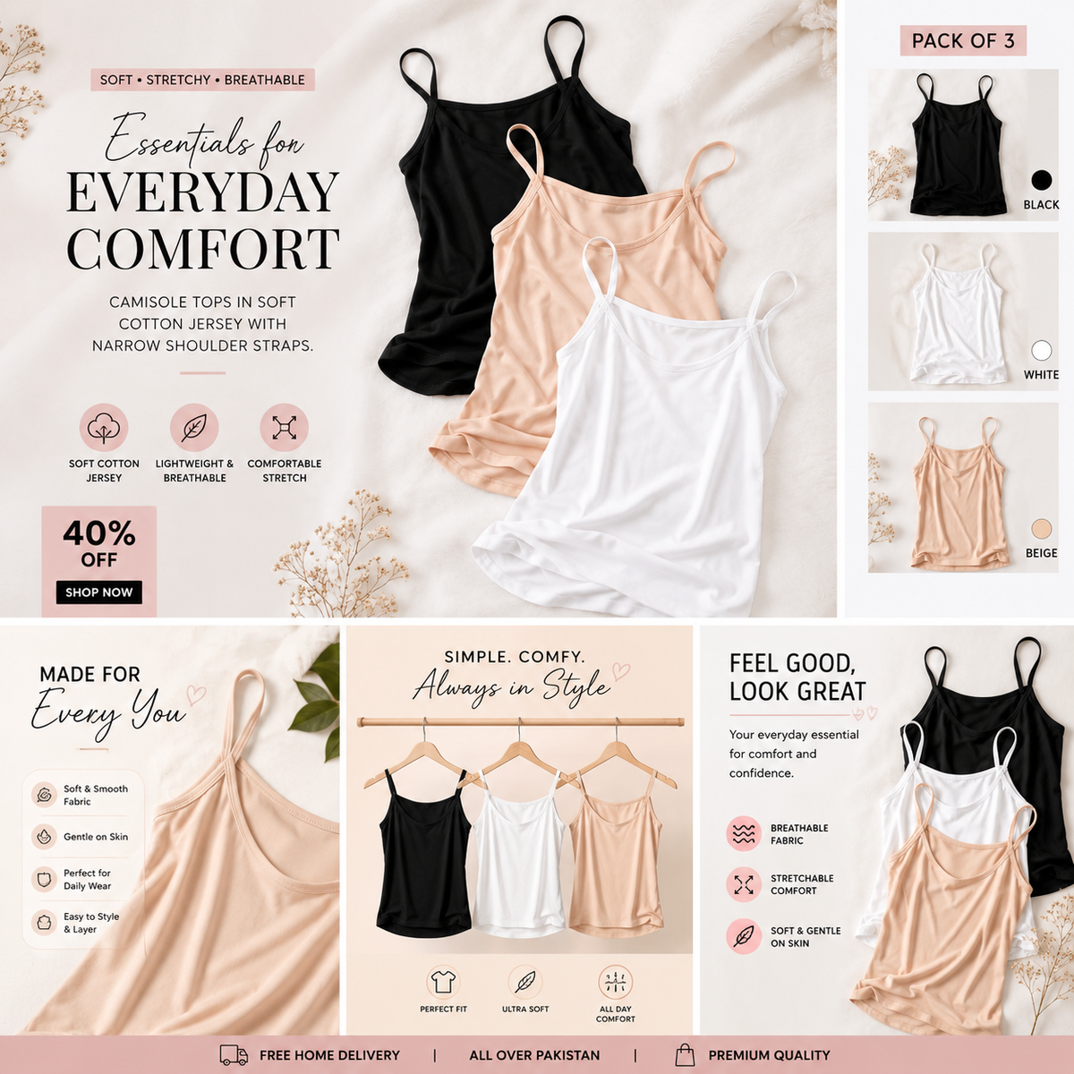 Premium lacra Soft Camisole – Pack of 3 | Ziva Threads