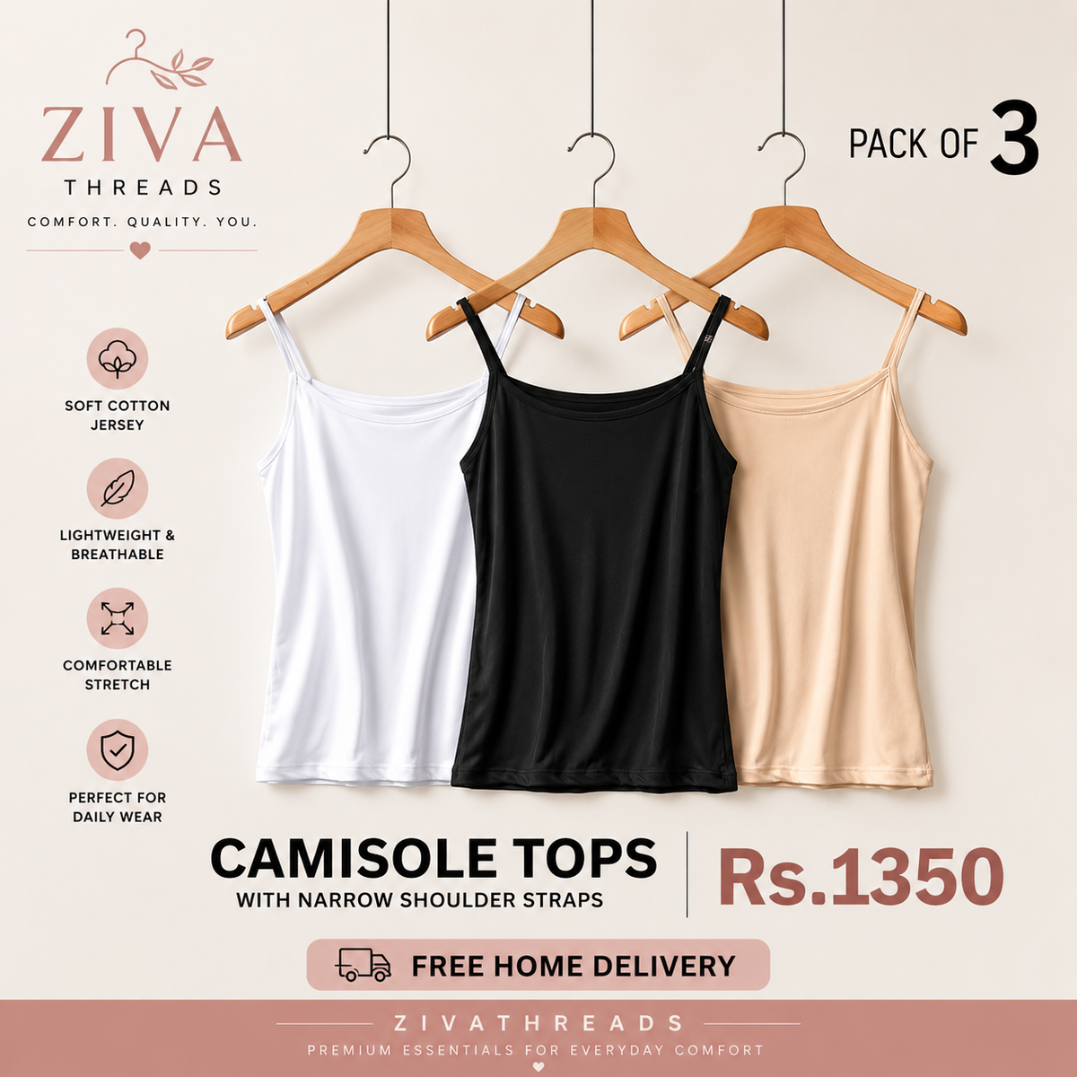 Premium lacra Soft Camisole – Pack of 3 | Ziva Threads