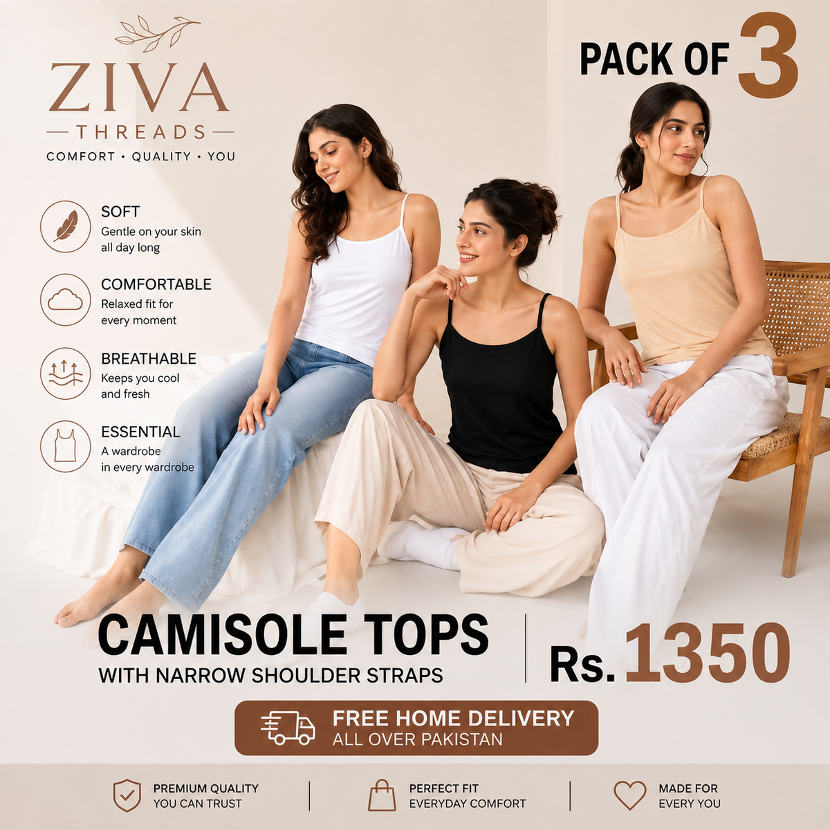 Premium lacra Soft Camisole – Pack of 3 | Ziva Threads
